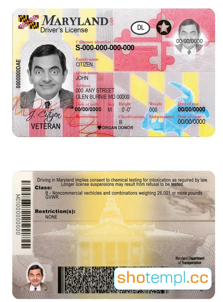 Maryland Driver License PSD Template V1